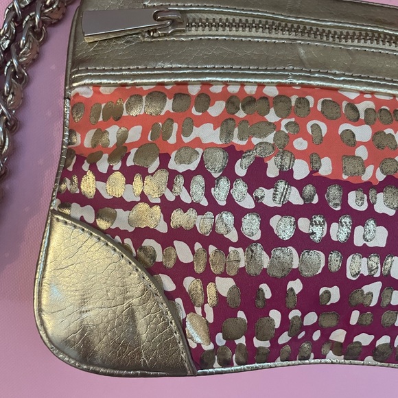 EXPRESS Colorful Clutch Gold with multicolor back zipper satin lining 6X9 - Picture 4 of 10